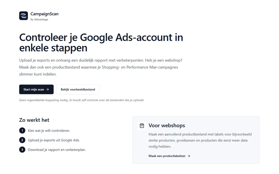 Screenshot van CampaignScan — Google Ads-accounts automatisch doorlichten