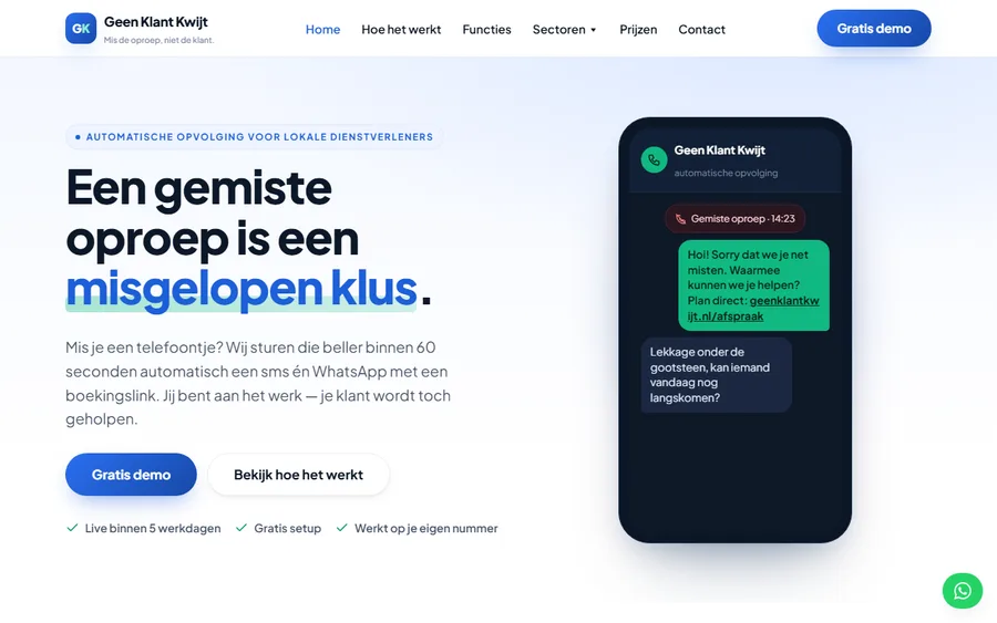 Screenshot van GeenKlantKwijt — automatische opvolging van gemiste oproepen